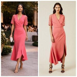 ELIE SAAB SS18 Orchid Lace Sleeve Silk Lined Midi Dress IT42 US6 Coral Pink NWT